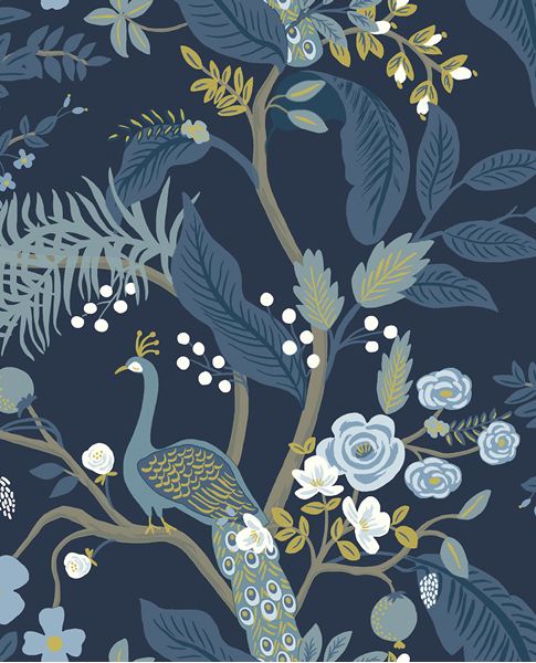 Peacock Perch wallpaper by Eijffinger, teal peacock among blue foliage and pale roses on a deep navy ground, flat swatch.
