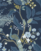 Peacock Perch wallpaper by Eijffinger, teal peacock among blue foliage and pale roses on a deep navy ground, flat swatch.