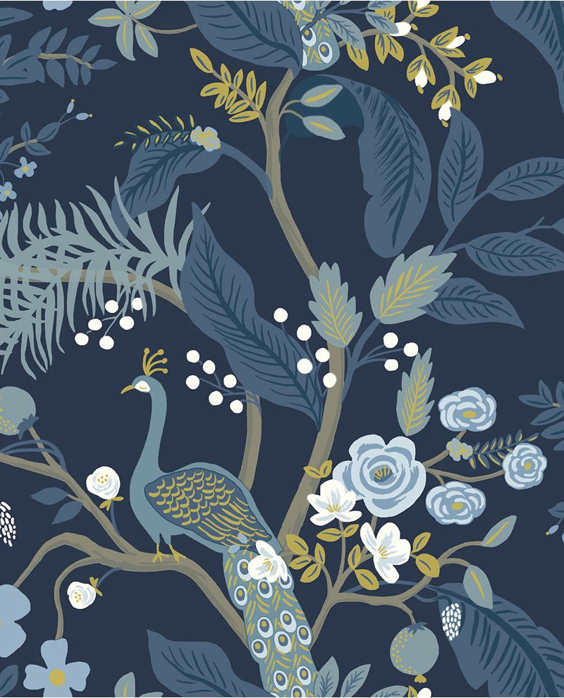 Peacock Perch wallpaper by Eijffinger, teal peacock among blue foliage and pale roses on a deep navy ground, flat swatch.