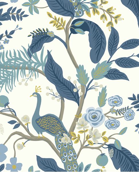 Peacock Perch wallpaper by Eijffinger, blue peacock with denim-blue leaves and soft roses on a crisp white ground, flat swatch.