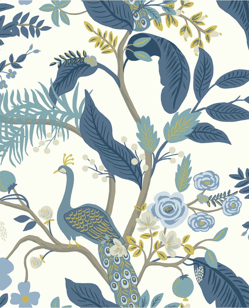 Peacock Perch wallpaper by Eijffinger, blue peacock with denim-blue leaves and soft roses on a crisp white ground, flat swatch.