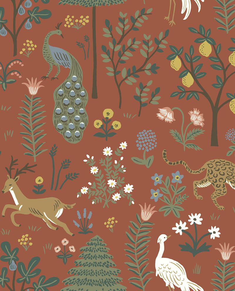 Woodland Menagerie wallpaper by Eijffinger, folk-art forest scene with peacock, deer and leopard among trees and flowers on a terracotta rust ground, flat swatch.
