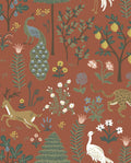 Woodland Menagerie wallpaper by Eijffinger, folk-art forest scene with peacock, deer and leopard among trees and flowers on a terracotta rust ground, flat swatch.