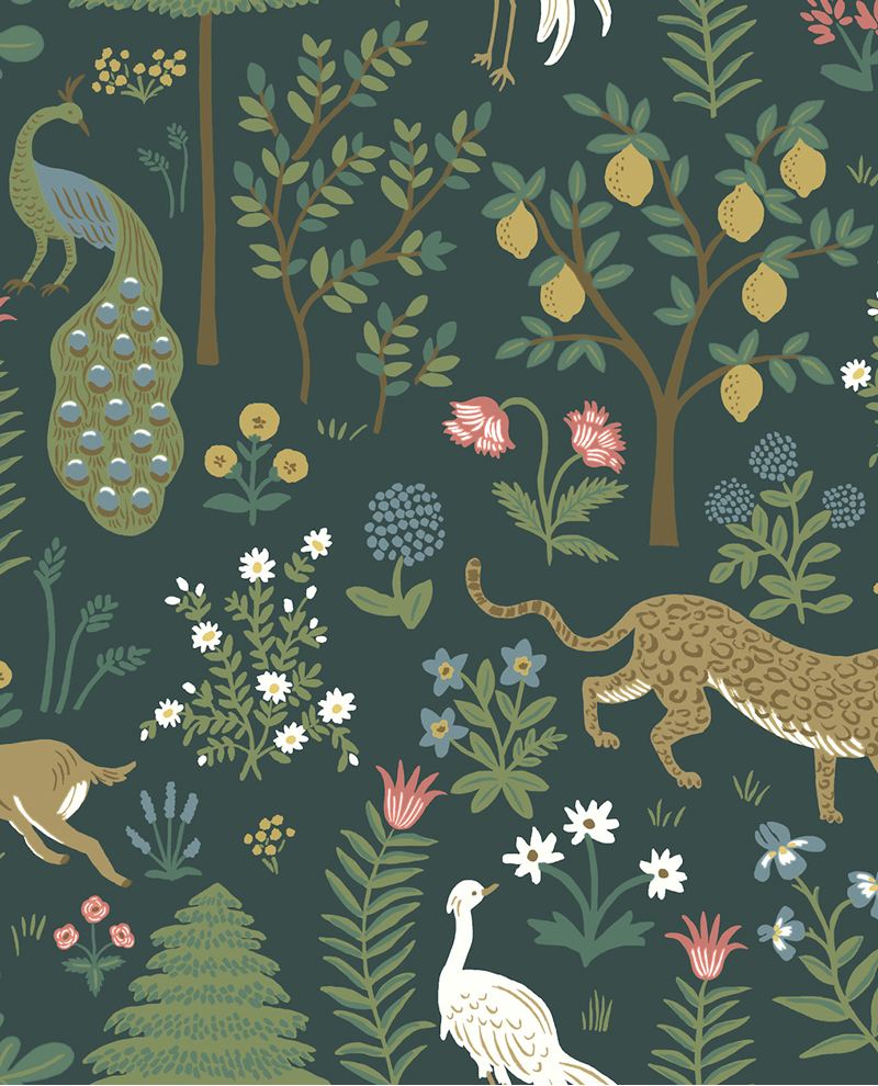 Woodland Menagerie wallpaper by Eijffinger, gold leopard, peacock and forest flora on a dark teal green ground, flat swatch.
