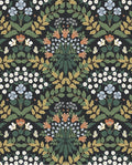 Tapestry Bloom wallpaper by Eijffinger, symmetrical damask-style floral with daisies and coral blooms in green and rust on a black ground, flat swatch.