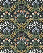Tapestry Bloom wallpaper by Eijffinger, symmetrical damask-style floral with daisies and coral blooms in green and rust on a black ground, flat swatch.