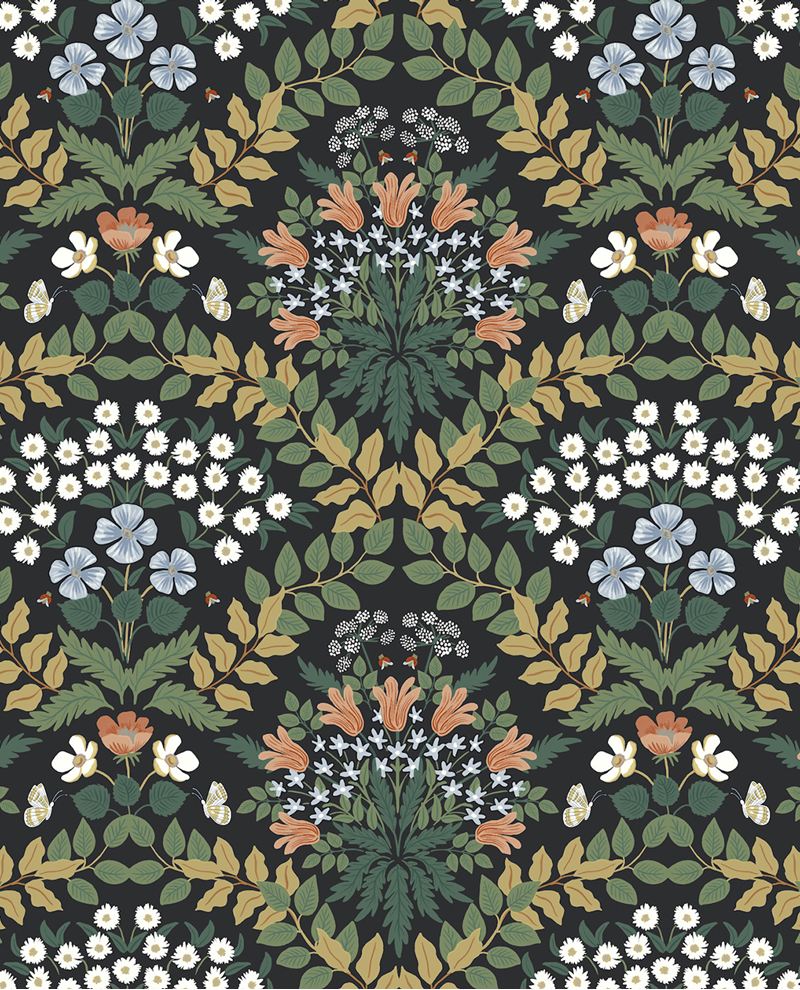 Tapestry Bloom wallpaper by Eijffinger, symmetrical damask-style floral with daisies and coral blooms in green and rust on a black ground, flat swatch.