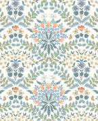 Tapestry Bloom wallpaper by Eijffinger, mirrored floral bouquets in blue, sage and coral on a soft white ground, flat swatch.