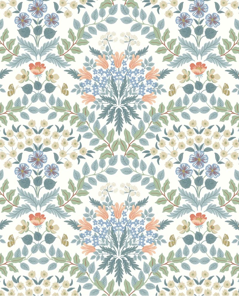 Tapestry Bloom wallpaper by Eijffinger, mirrored floral bouquets in blue, sage and coral on a soft white ground, flat swatch.