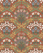 Tapestry Bloom wallpaper by Eijffinger, damask-style floral in green, gold and blue on a terracotta rust ground, flat swatch.