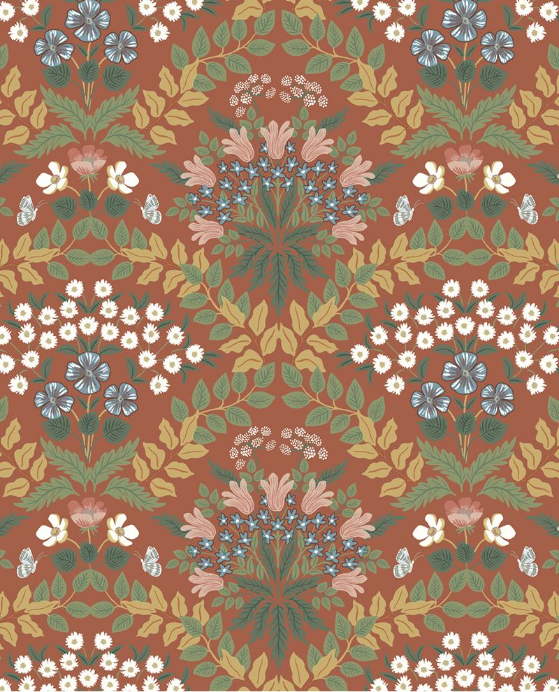 Tapestry Bloom wallpaper by Eijffinger, damask-style floral in green, gold and blue on a terracotta rust ground, flat swatch.