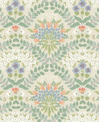 Tapestry Bloom wallpaper by Eijffinger, symmetrical floral bouquets in sage, coral and blue on a warm cream ground, flat swatch.