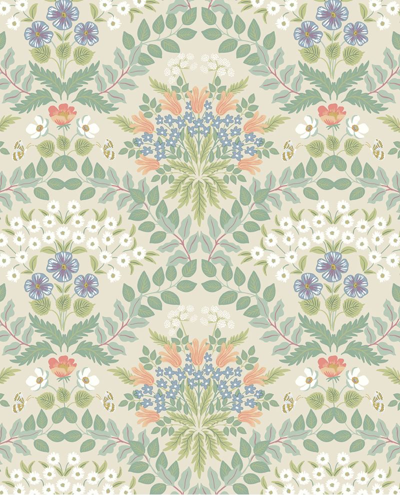 Tapestry Bloom wallpaper by Eijffinger, symmetrical floral bouquets in sage, coral and blue on a warm cream ground, flat swatch.