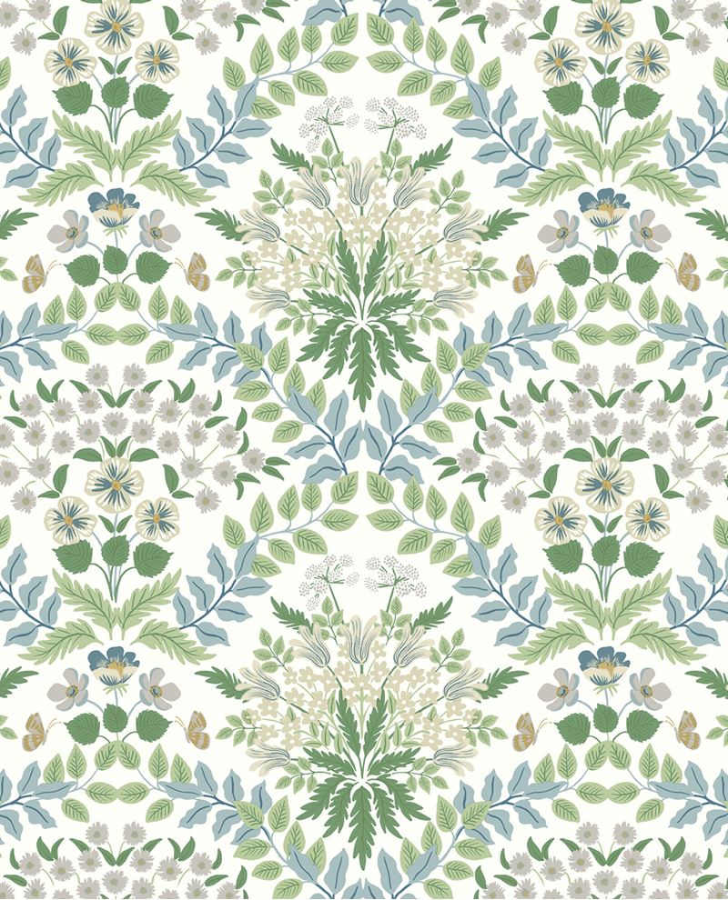 Tapestry Bloom wallpaper by Eijffinger, damask-style floral in green, blue and grey on a crisp white ground, flat swatch.