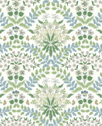 Tapestry Bloom wallpaper by Eijffinger, damask-style floral in green, blue and grey on a crisp white ground, flat swatch.