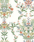Heron Garden wallpaper by Eijffinger, herons and quail among coral, blue and green floral columns on a white ground, flat swatch.