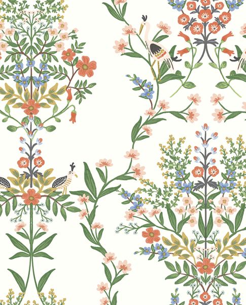 Heron Garden wallpaper by Eijffinger, herons and quail among coral, blue and green floral columns on a white ground, flat swatch.
