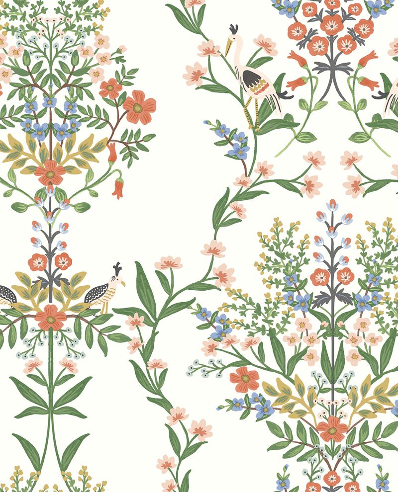 Heron Garden wallpaper by Eijffinger, herons and quail among coral, blue and green floral columns on a white ground, flat swatch.