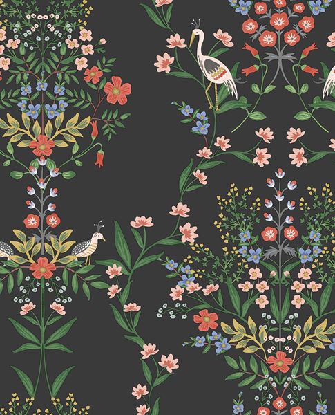 Heron Garden wallpaper by Eijffinger, white herons and bright florals in coral, blue and green on a black ground, flat swatch.