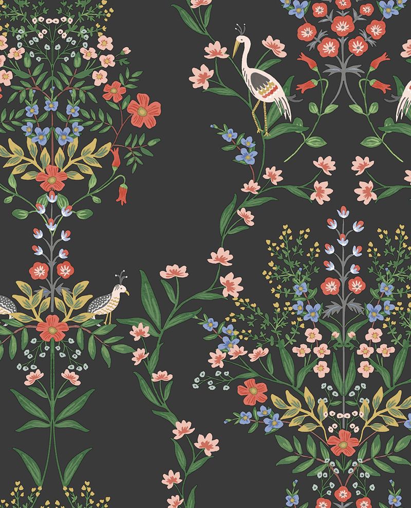 Heron Garden wallpaper by Eijffinger, white herons and bright florals in coral, blue and green on a black ground, flat swatch.