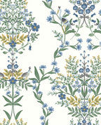 Heron Garden wallpaper by Eijffinger, heron and quail among blue and gold floral columns on a white ground, flat swatch.