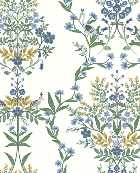 Heron Garden wallpaper by Eijffinger, heron and quail among blue and gold floral columns on a white ground, flat swatch.