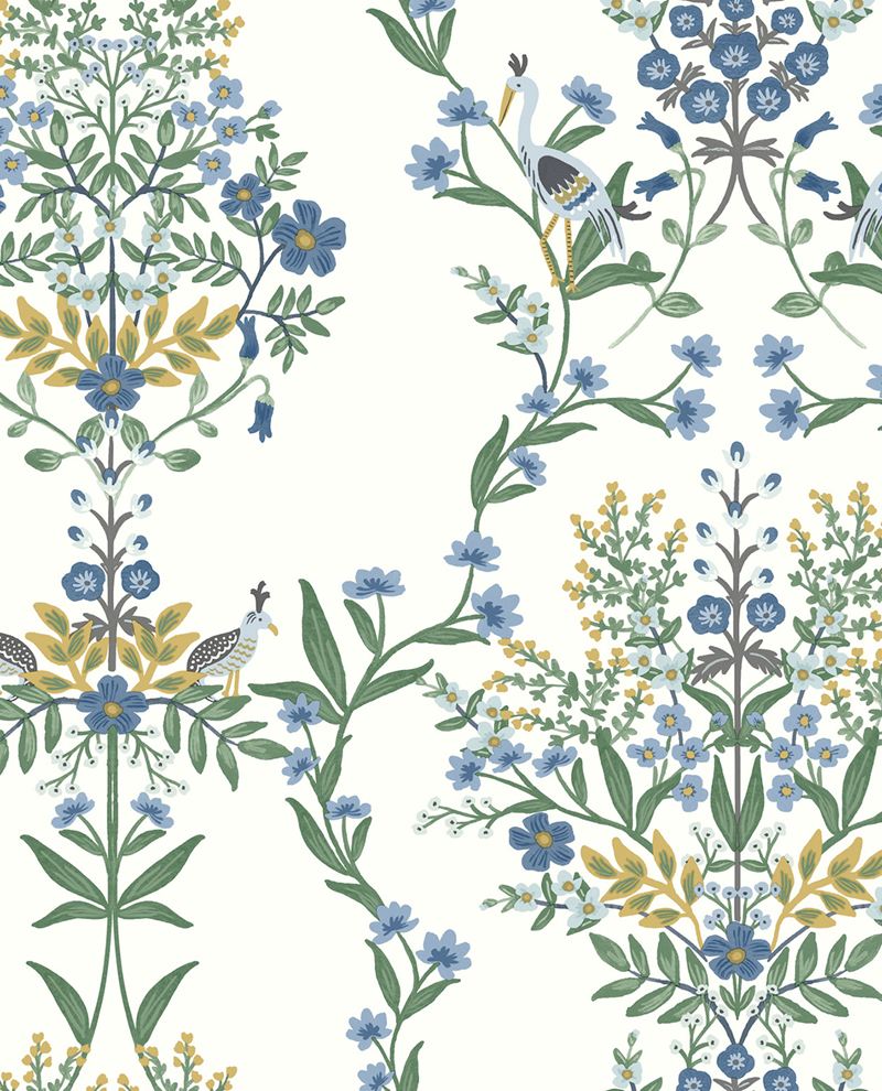 Heron Garden wallpaper by Eijffinger, heron and quail among blue and gold floral columns on a white ground, flat swatch.