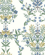 Heron Garden wallpaper by Eijffinger, heron and quail among blue and gold floral columns on a white ground, flat swatch.