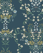 Heron Garden wallpaper by Eijffinger, herons and quail with cream and gold florals on a deep navy blue ground, flat swatch.
