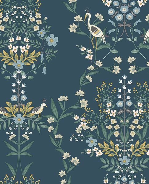 Heron Garden wallpaper by Eijffinger, herons and quail with cream and gold florals on a deep navy blue ground, flat swatch.
