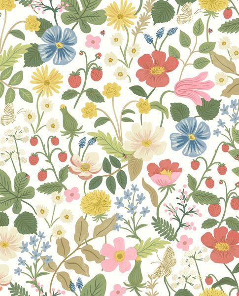 Meadow Posy wallpaper by Eijffinger, scattered pansies, daisies, strawberries and butterflies in coral, blue and yellow on a white ground, flat swatch.