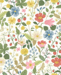 Meadow Posy wallpaper by Eijffinger, scattered pansies, daisies, strawberries and butterflies in coral, blue and yellow on a white ground, flat swatch.