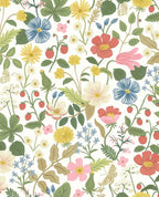 Meadow Posy wallpaper by Eijffinger, scattered pansies, daisies, strawberries and butterflies in coral, blue and yellow on a white ground, flat swatch.