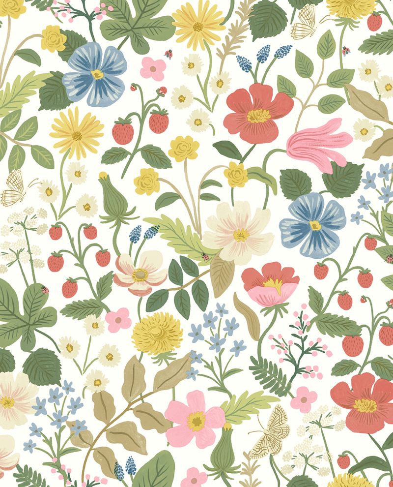 Meadow Posy wallpaper by Eijffinger, scattered pansies, daisies, strawberries and butterflies in coral, blue and yellow on a white ground, flat swatch.