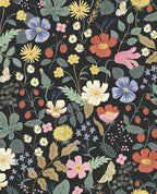 Meadow Posy wallpaper by Eijffinger, bright meadow flowers, strawberries and butterflies in coral, blue and yellow on a black ground, flat swatch.