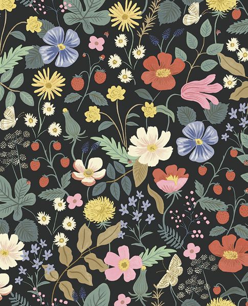 Meadow Posy wallpaper by Eijffinger, bright meadow flowers, strawberries and butterflies in coral, blue and yellow on a black ground, flat swatch.