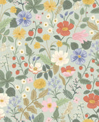 Meadow Posy wallpaper by Eijffinger, pansies, daisies and strawberries in coral, blue and yellow on a soft sage green ground, flat swatch.