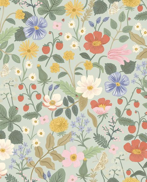 Meadow Posy wallpaper by Eijffinger, pansies, daisies and strawberries in coral, blue and yellow on a soft sage green ground, flat swatch.