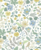 Meadow Posy wallpaper by Eijffinger, soft blue and yellow meadow flowers, strawberries and butterflies on a white ground, flat swatch.