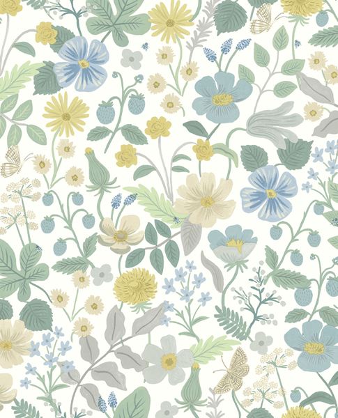 Meadow Posy wallpaper by Eijffinger, soft blue and yellow meadow flowers, strawberries and butterflies on a white ground, flat swatch.