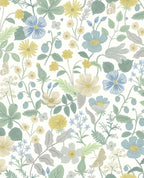 Meadow Posy wallpaper by Eijffinger, soft blue and yellow meadow flowers, strawberries and butterflies on a white ground, flat swatch.