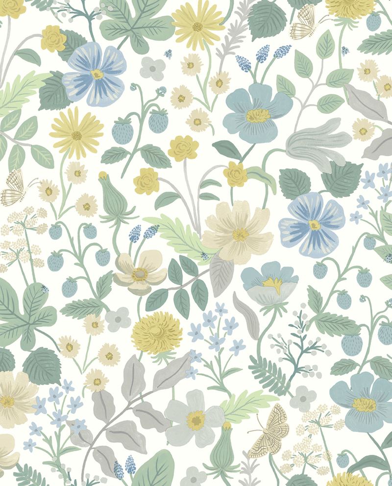 Meadow Posy wallpaper by Eijffinger, soft blue and yellow meadow flowers, strawberries and butterflies on a white ground, flat swatch.