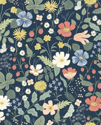 Meadow Posy wallpaper by Eijffinger, coral, blue and cream meadow flowers, strawberries and butterflies on a deep navy ground, flat swatch.