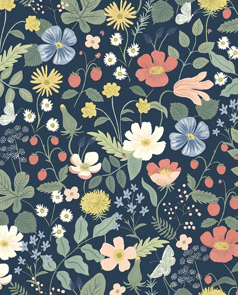 Meadow Posy wallpaper by Eijffinger, coral, blue and cream meadow flowers, strawberries and butterflies on a deep navy ground, flat swatch.