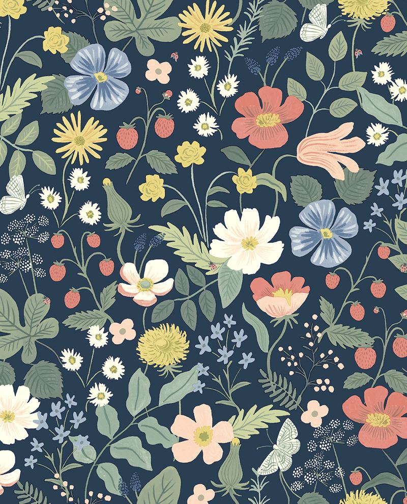 Meadow Posy wallpaper by Eijffinger, coral, blue and cream meadow flowers, strawberries and butterflies on a deep navy ground, flat swatch.