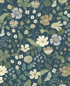 Meadow Posy wallpaper by Eijffinger, cream, tan and grey meadow flowers, strawberries and butterflies on a deep navy ground, flat swatch.