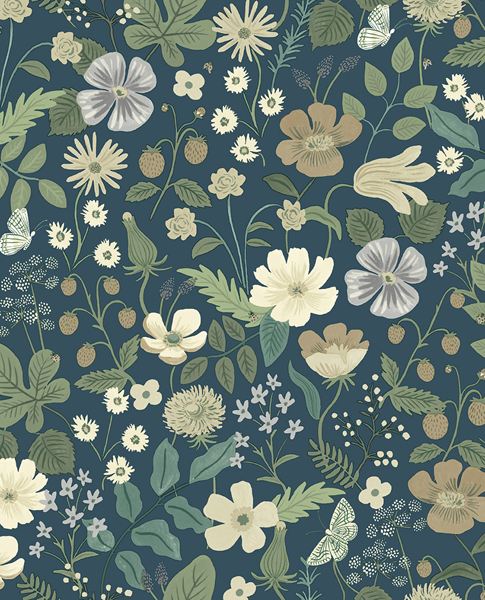 Meadow Posy wallpaper by Eijffinger, cream, tan and grey meadow flowers, strawberries and butterflies on a deep navy ground, flat swatch.