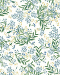 Wildflower Sprig wallpaper by Eijffinger, blue forget-me-nots and yellow mimosa with green leaves on a white ground, flat swatch.