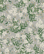 Wildflower Sprig wallpaper by Eijffinger in grey, white blossoms and green foliage scattered across a soft grey ground, flat swatch.