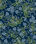 Wildflower Sprig wallpaper by Eijffinger in navy, pale blue blossoms and green sprigs on a deep navy ground, flat swatch.